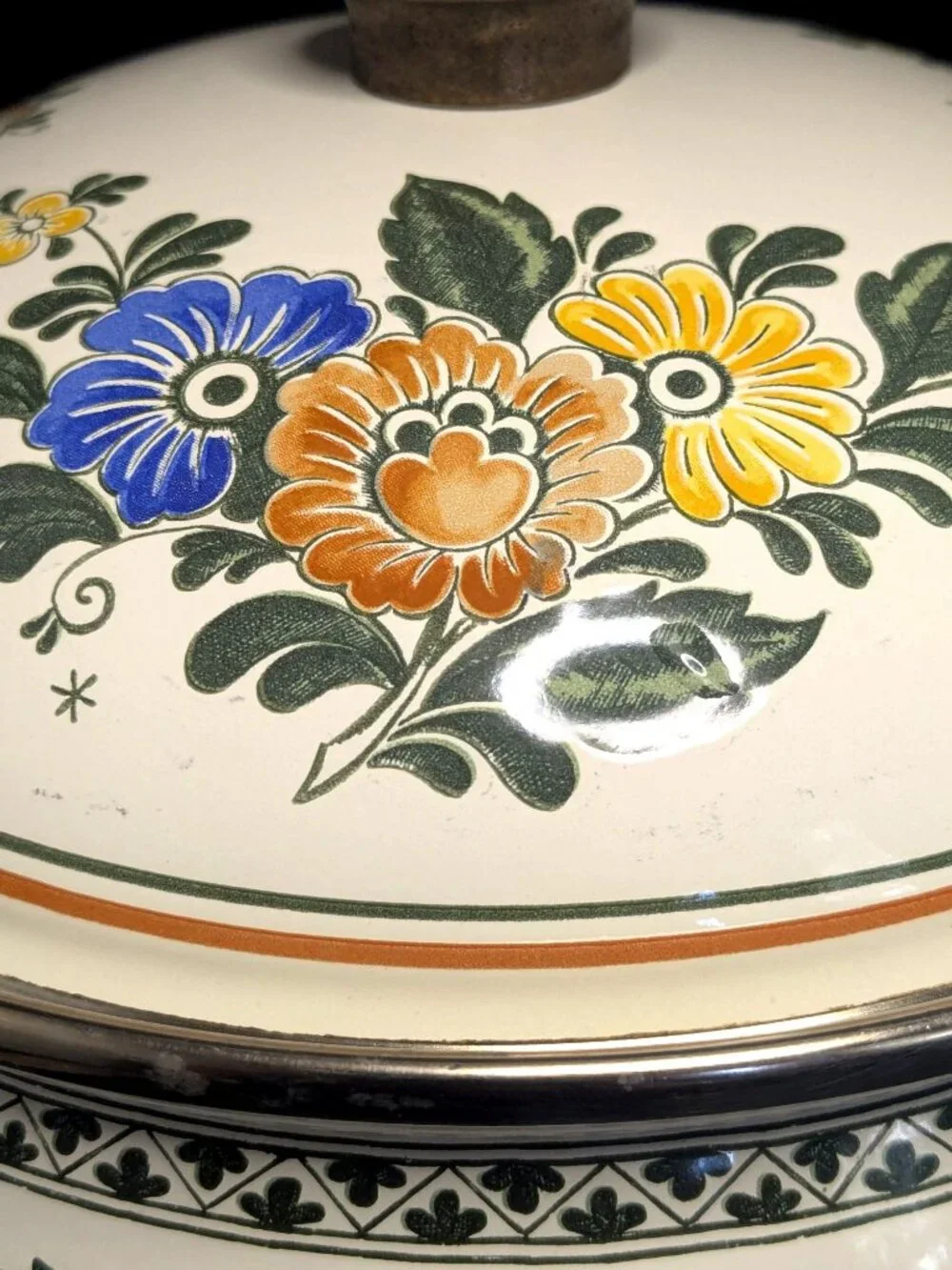 Vintage Asta Enamelware Alt Amsterdam Floral Covered Saucepan Brass Handle & Lid